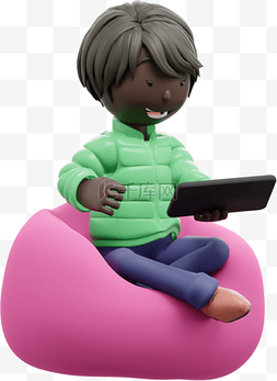 3D黑人女性玩平板手机形象漂亮懒