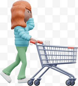 推着购物车图片_3D棕色女性推着购物车形象