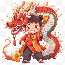 舞龙灯舞狮子图片_卡通手绘春节的小孩和中国龙9龙