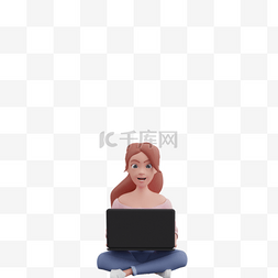 3D白人女性坐姿用笔记本