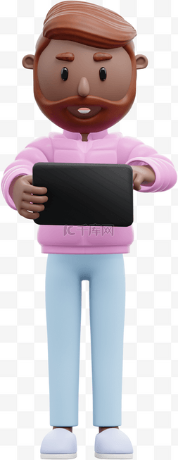 平板电脑3d图片_3D棕色男性在平板上帅气使用电脑