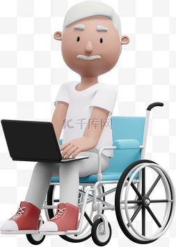 3D白人男性坐轮椅办公帅气电脑姿