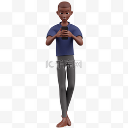 男人走路玩手机帅气的棕色3D形象