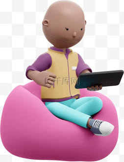 懒人沙发png图片_3D棕色女性玩平板手机形象女人漂