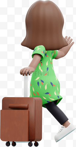 行李箱棕色图片_漂亮女人出行姿势3D棕色女性拖行