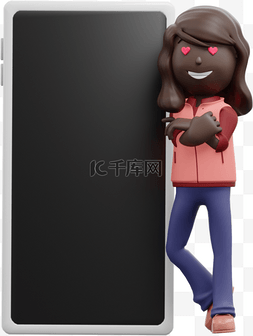 小人靠着问号图片_动感漂亮的3D黑人女性靠着手机