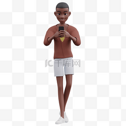 3D黑人男性帅气走路玩手机