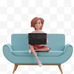 女人坐沙发使用电脑的优雅姿势