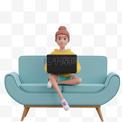 坐在沙发上使用电脑的帅气女性