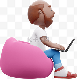 3D棕色男性沙发玩电脑自由办公帅