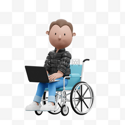 帅气3D白人男性坐轮椅办公电脑姿