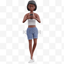 女性黑人走路玩手机的帅气姿势