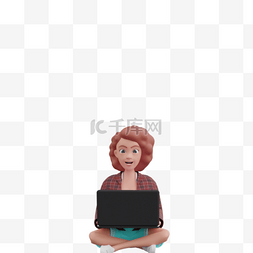 白人女性3D坐姿帅气使用笔记本