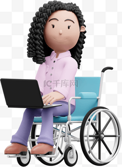 3D白人女性坐轮椅办公形象与电脑