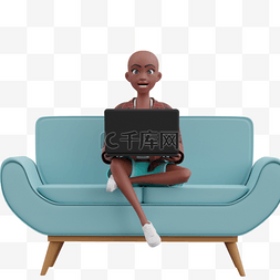 3D黑人女性轻松使用笔记本坐在舒