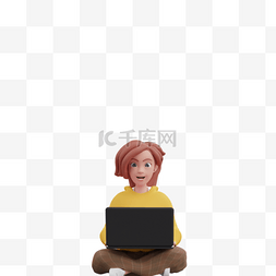 3D白人女性优雅坐姿使用电脑