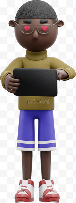平板电脑3d图片_帅气黑人男性在3D姿势下使用平板