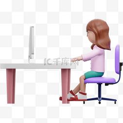 漂亮女性上班办公3D形象与电脑姿