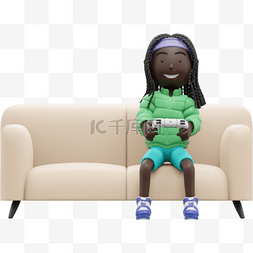 漂亮的3D黑人女性坐在沙发上打游