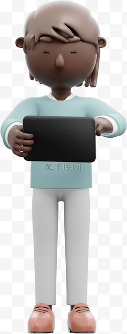 平板电脑3d图片_帅气动作3D黑人男性使用平板