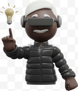 灯泡灵机一动图片_3D黑人男性灵感手指灯泡形象关键