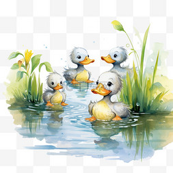 鸭子手绘插画鸭子图片_鸭子色彩夏天水边免扣元素装饰素