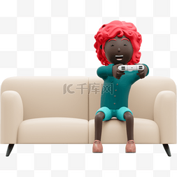 3D漂亮女性用游戏手柄坐在沙发上