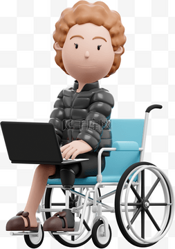 3D白人女性坐轮椅办公形象中的漂