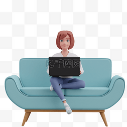 帅气女性在沙发上使用电脑的姿势