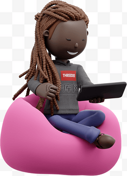 懒人沙发png图片_3D黑人女性平板手机形象与漂亮懒
