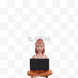 3D白人女性优雅地坐在电脑前