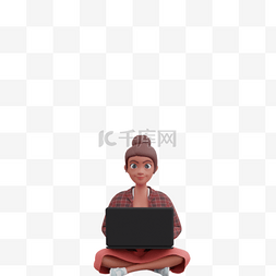 3D帅气女人坐姿使用笔记本