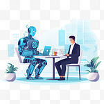 在工作场所，人类和机器人与计算机坐在一起。未来平面插图的人工智能劳动力