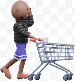 推着购物车图片_帅气男人购物3D棕色男性推着购物