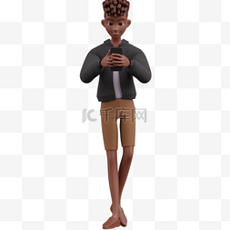 帅气男人步行玩手机棕色3D形象