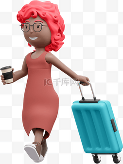 漂亮女人优雅出行3D棕色行李箱形