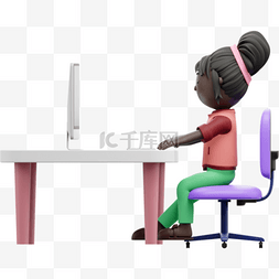 办公桌会议桌图片_3D黑人女性办公姿势电脑形象