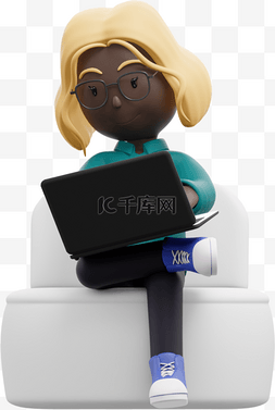 操作电脑图片_漂亮黑人女性坐沙发优雅操作电脑