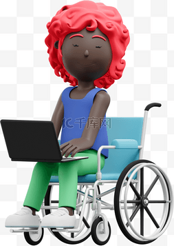 3D黑人女性坐轮椅办公姿势漂亮动