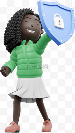 3D漂亮黑人女性手持盾牌保护安全