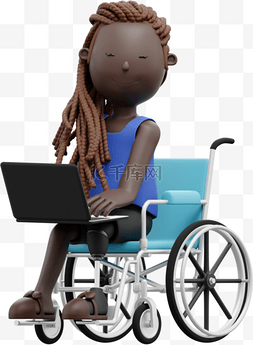 3D黑人女性坐轮椅办公形象女人漂
