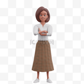 女人直立交叉手帅气站姿3d