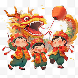 小孩图片_卡通手绘小孩舞龙过春节11