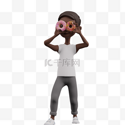 3D黑人男孩甜甜圈拍照动作可爱大
