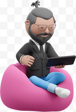 懒人沙发图片_3D白人男性玩平板手机形象3D白人