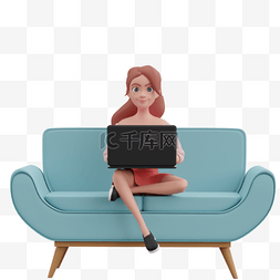 沙雕动作图片_3D女性沙发上使用电脑