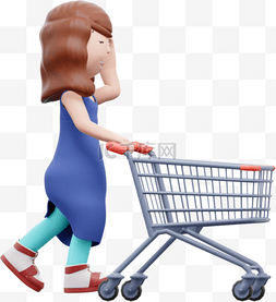 推着购物车图片_漂亮女人购物电商3D白人女性推着
