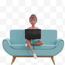 女性姿势坐沙发使用电脑的帅气动