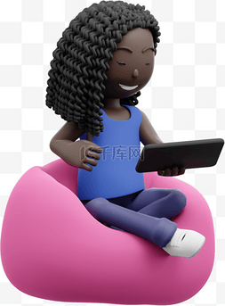 懒人沙发图片_3D黑人女性玩平板手机形象漂亮女