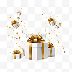 2022年新年快乐，圣诞快乐白色礼盒，白色背景上有金色蝴蝶结和金色亮片五彩纸屑。礼盒忽飞忽落。矢量插图eps10